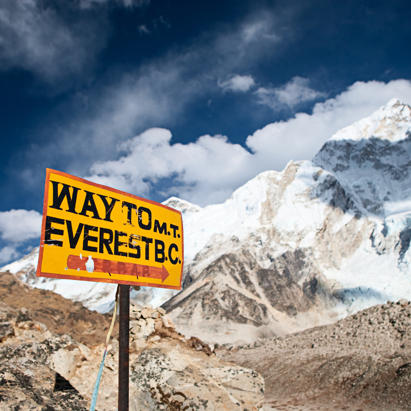 Hikers on the Everest Base Camp Trek in Nepal with Himalayan peaks in the background